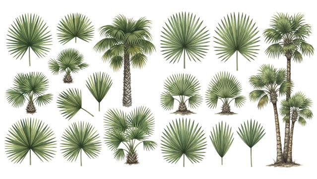 A detailed collection of various fan palm trees and lush green leaves isolated on a transparent background.