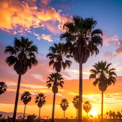 Obraz premium Silhouetted palm trees under a vibrant sunset with orange, pink, and yellow hues in the sky. Calm, picturesque scenic view