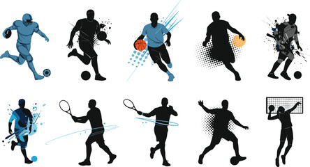 Sports silhouettes, athlete vector, football player, soccer action, basketball dribble, tennis swing, volleyball jump, swimmer pose, sport icon, team sports, motion graphic