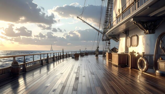 Wooden deck of a large ship at sea during a beautiful sunset with a cloudy sky and calm ocean waves.