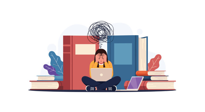 Overwhelmed student sitting with laptop and books, symbolizing academic stress and mental exhaustion.