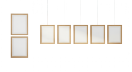 Collection of empty wooden picture frames, vertical and hanging for art display mockup