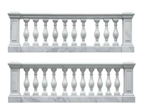 Elegant marble balustrades with ornate balusters on a white background