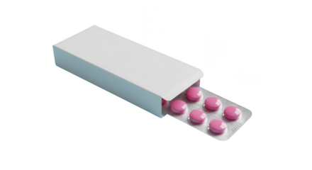 Pink round pills in a metallic blister pack partly emerging from a simple white carton box.