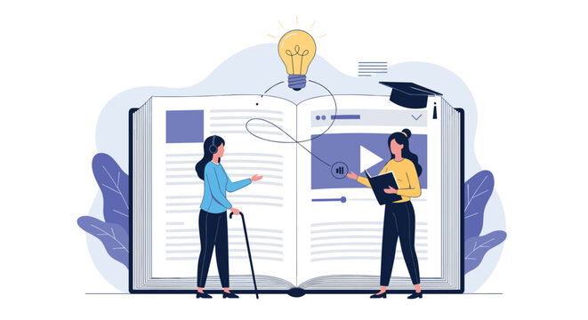 Two women interacting with a giant open book featuring educational content like video and text.