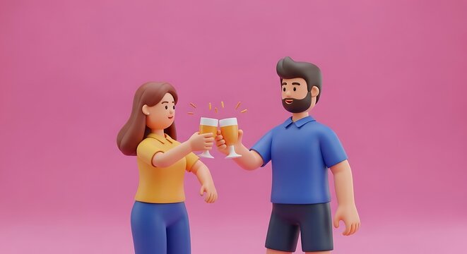 Animated couple toasting with glasses of amber-colored liquid, celebrating. - Powered by Adobe