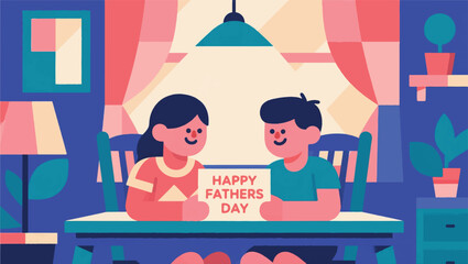 Illustration Of Two Children Holding Paper That Says Happy Fathers Day Vector Design Template