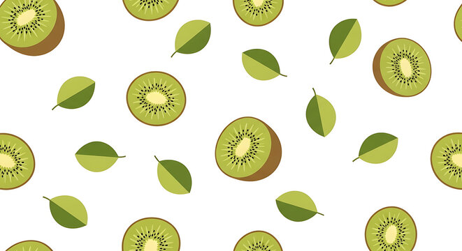 Seamless Kiwi and Leaf Pattern with Cute Sliced Fruit Design