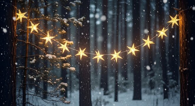 Glowing star string lights hanging between snow covered trees in a serene winter forest landscape scene - Powered by Adobe