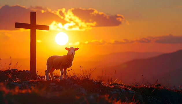 Lamb of God and the Cross at Sunset. Easter and Christian Faith Concept.