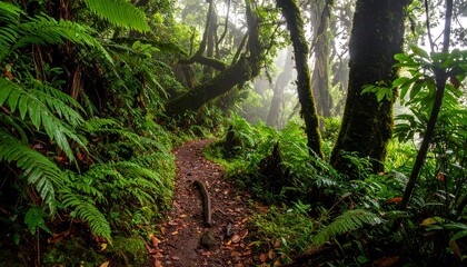 A verdant, winding path disappears into a misty tropical forest, framed by lush foliage and mossy trees