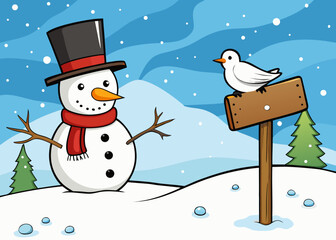 Snowman in snowy winter landscape with bird