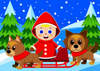 Child with dogs pulling sled in winter snow