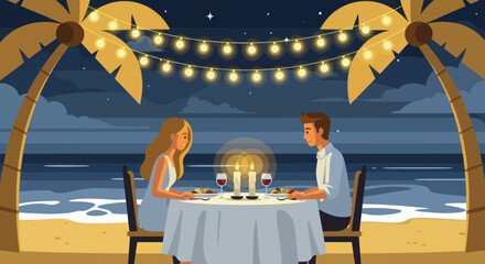 Romantic beach dinner for two under string lights and palm trees at night.