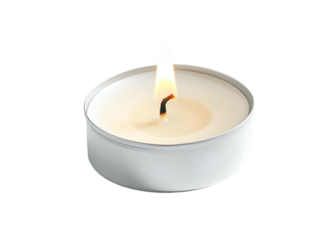 Small metallic cup holds a burning wick with warm, soft flame