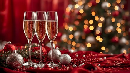 Elegant New Year celebration setup with champagne glasses, ornaments, golden lights, and festive holiday decorations for party and celebration themes