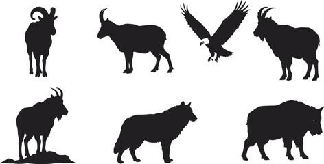 Naklejka premium Wild animal silhouette vector, eagle wolf goat clipart, black nature icon, mountain wildlife graphic, rugged terrain animal illustration