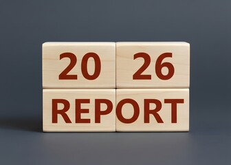 2026 report in wooden blocks. Financial reporting of the company. Profit and revenue. The concept business and finance.