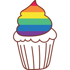 Rainbow frosted cupcake in a brown outline wrapper with a transparent background celebration dessert