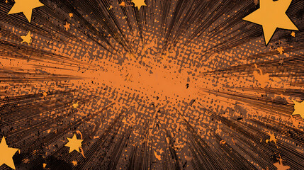 Orange starburst explosion with halftone dots and comic lines comic book action