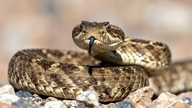 Close-up of a coiled rattlesnake with its tongue extended in the desert.