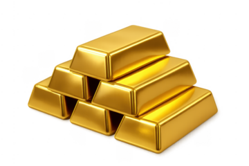 Stacked gold bullion bars on transparent background representing wealth