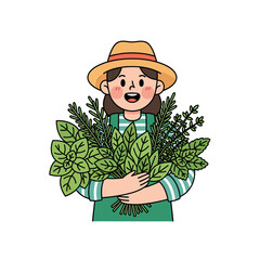 Cute Farmer Character in a Garden Scene, Happily Holding a Fresh Harvest of Aromatic Herbs