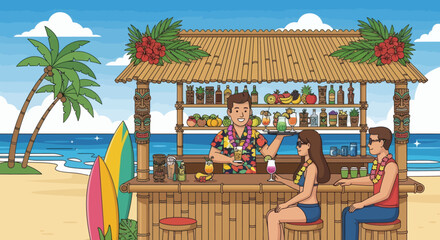Tropical Beach Bar Scene with Bartender and Customers Enjoying Drinks by the Ocean.