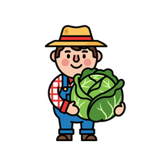 Cute Farmer Character Scene Holding a Cabbage with a Smiling Expression and Wearing a Hat and Overalls