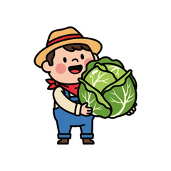 A cute farmer character in a charming farm scene, happily holding a freshly harvested giant cabbage