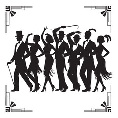 Black silhouettes of dancers in 1920s attire with art deco borders dancing