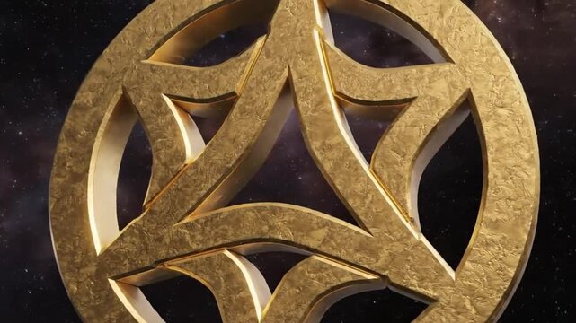 A shimmering golden 3D geometric symbol with intricate interlocking patterns against a dark, cosmic background.