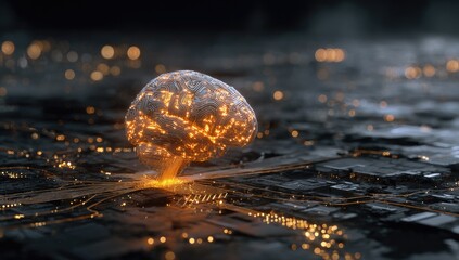 Glowing brain atop abstract circuit-like surface