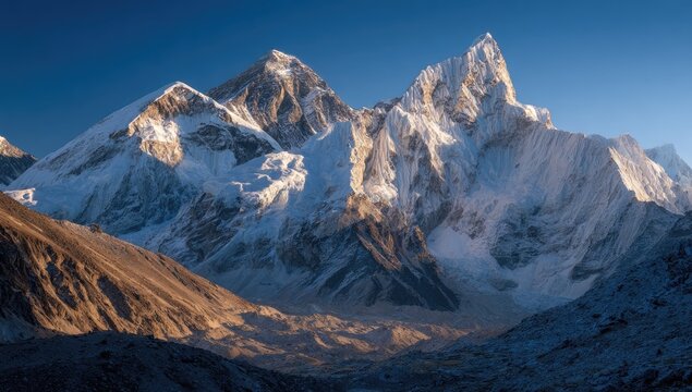 Majestic snow-capped mountain peaks at dawn