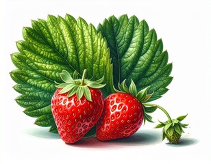 Fresh whole strawberries in bright red with green leaves, isolated on white background, side-view set, sharp full-depth focus