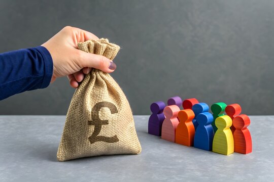 A businessman holds a british pound sterling money bag near a group of people figurines. Social support concept. Preferential loans for entrepreneurs and businesses. - Powered by Adobe