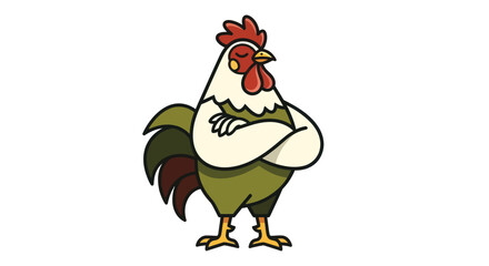 Cartoon rooster character with crossed arms isolated on white background