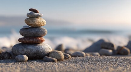 Stacked colorful pebbles on sand with blurry ocean backdrop