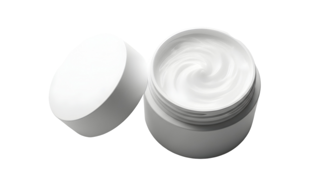 Open Jar of White Cream with Swirl Pattern on White Background