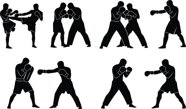 Martial arts silhouette, combat training pose, kickboxing duo, self defense illustration, fighting stance vector, sparring action, black figures, sports movement, athlete icon, dynamic posture