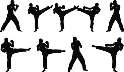 Martial arts silhouettes, karate poses, taekwondo kicks, combat stances, fighter training, self defense, black figures, high kick action, athletic movement, dynamic martial choreography