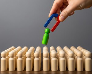 A hand with a magnet pulls green human figure out of the big crowd of people. Recruiting new workers and headhunters. Search for talented workers with great career potential. Selection concept.