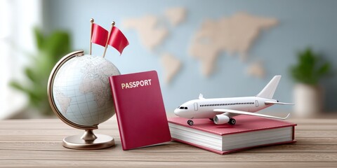 Travel essentials displayed on a wooden table, featuring a globe, passport, airplane model, and books, symbolizing adventure and exploration in a global context