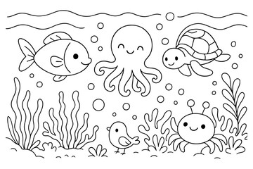 Cute Cartoon Sea Creatures Underwater Scene with Fish Octopus Turtle Crab and Bird for Coloring