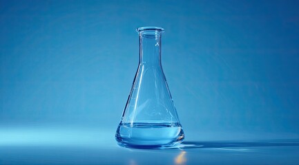 Glass flask filled with liquid, on blue surface, shadowed