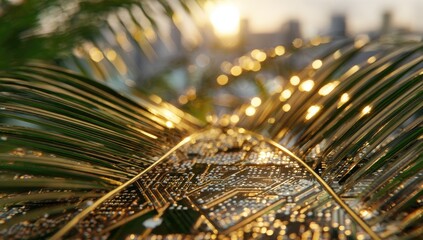 Tropical circuitry blends nature and tech in blurred, golden light