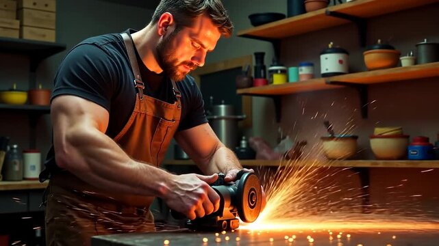 Caucasian man in black overalls grinds metal on workbench surrounded by wooden kitchenware, under dramatic lighting, conveying skill and focus, workshop atmosphere, handmade quality