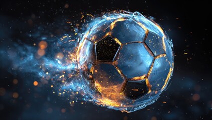 Flaming soccer ball hurtling through space, energy trails behind it