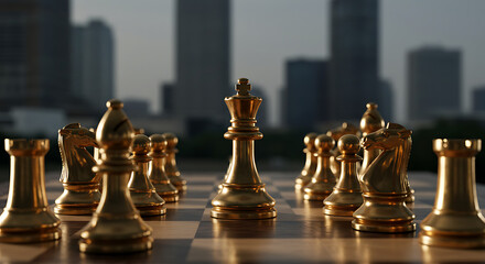 Golden chess set on a glossy board with a blurred city skyline behind, dramatic lighting with depth