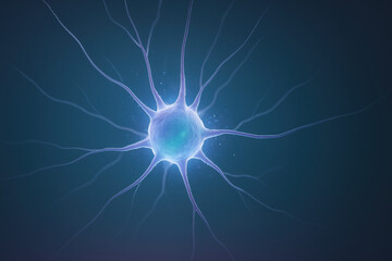 Neuron synapse biology science neural network connection energy glow blue calm fusion. Luminous neuron radiates connections, evoking neural